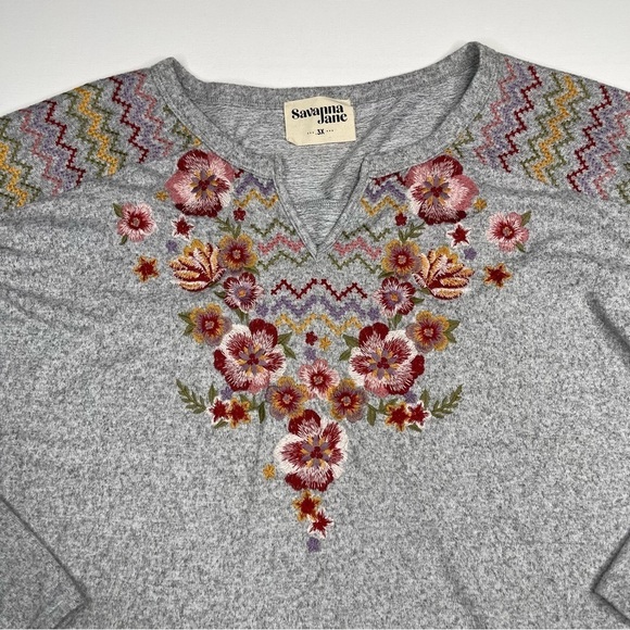 Savanna Jane Sweatshirt Top Long Sleeve Grey Embroidered Floral Western Boho 3X - Picture 4 of 13